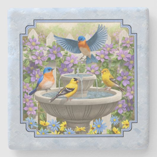 Bluebirds Goldfingen Blumengarten Blauer Brunnen Steinuntersetzer (Vorderseite)