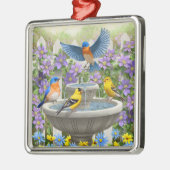 Bluebirds Goldfink und Fontane Birdbath Silbernes Ornament (Links)