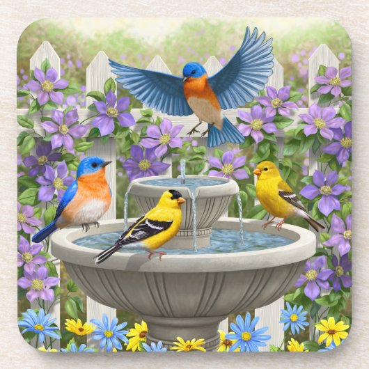 Bluebirds Goldfink und Fontane Birdbath Untersetzer (Vorderseite)
