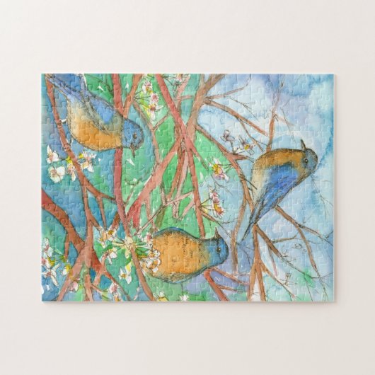 Bluebirds in Bäumen Aquarellmalerei Puzzle (Horizontal)