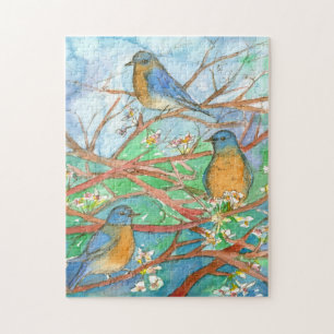 Bluebirds in Bäumen Aquarellmalerei Puzzle