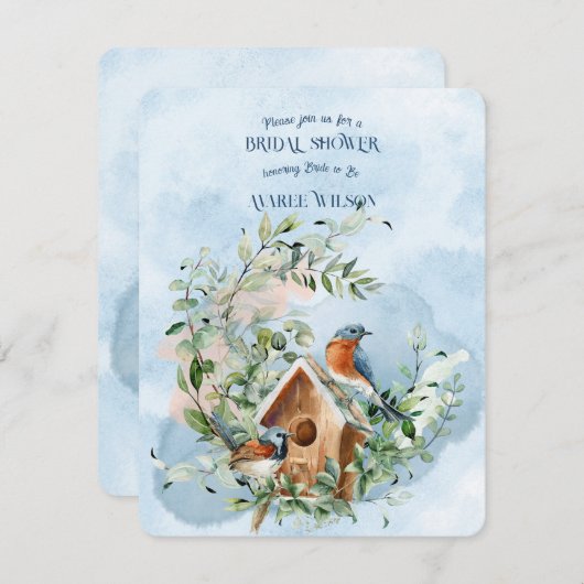 Bluebirds in einem Kranz von Blume Brautparty Einladung (Vorne/Hinten)