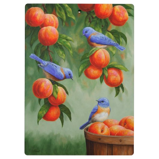 Bluebirds in einem Pfirsichbaum Klemmbrett (Rückseite)
