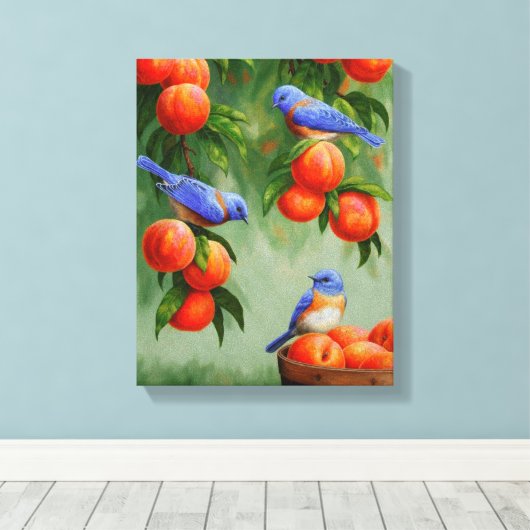 Bluebirds in einem Pfirsichbaum Leinwanddruck (Insitu (Holzboden))