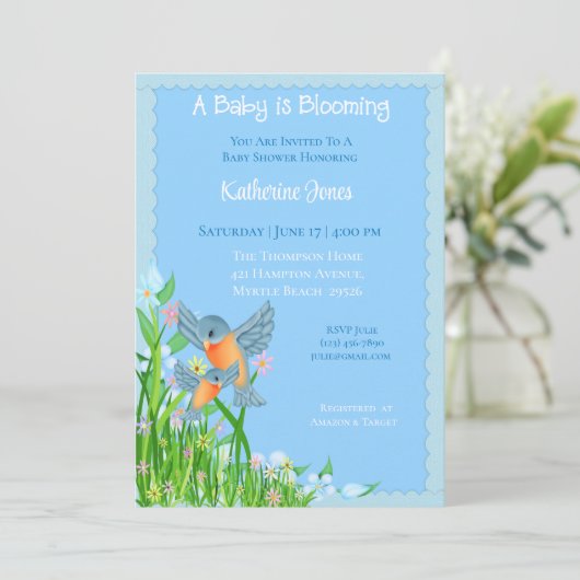 Bluebirds Kinderdusche Einladung (Stehend Vorderseite)