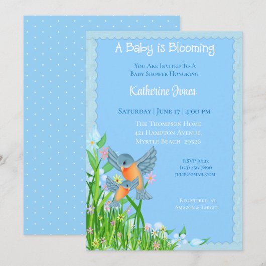 Bluebirds Kinderdusche Einladung (Vorne/Hinten)