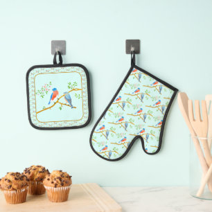 Bluebirds LIght Blue Oven Mitt & Pot Holder Set