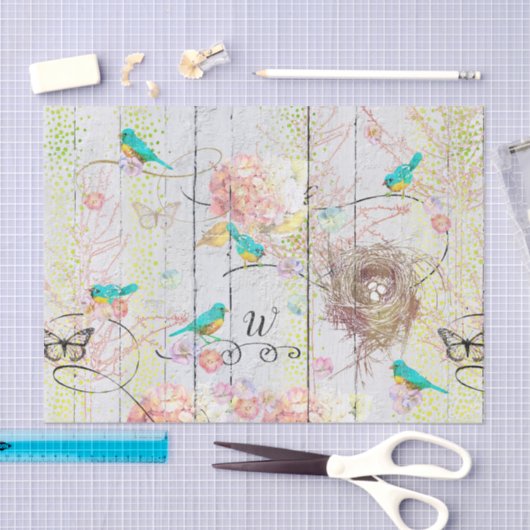 Bluebirds Nest Pink Hydrangea Mit Monogramm Seidenpapier (Handwerk)