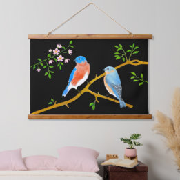 Bluebirds Schwarz-Holz Topped Wall Tapestes Wandteppich Mit Holzrahmen