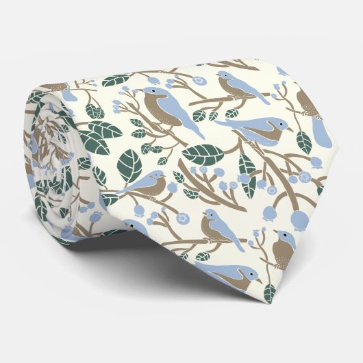 Bluebirds und Blueberries Light Blue, Brown, Creme Krawatte (Gerollt)