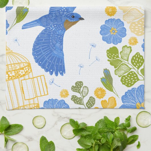 Bluebirds und Blume Geschirrtuch (Gefaltet)