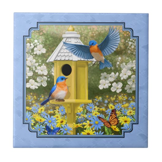 Bluebirds und Hexagon Birdhouse Blue Fliese (Vorderseite)