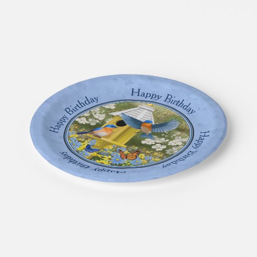 Bluebirds und Hexagon Birdhouse Blue Pappteller (Schrägansicht)