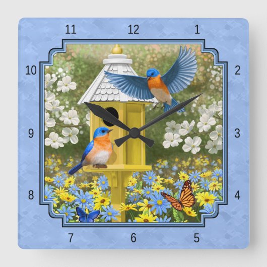 Bluebirds und Hexagon Birdhouse Blue Quadratische Wanduhr (Vorderseite)