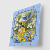 Bluebirds und Hexagon Birdhouse Blue Quadratische Wanduhr (Winkel)