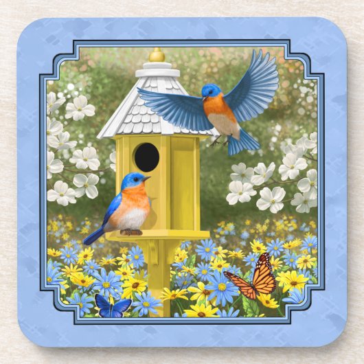 Bluebirds und Hexagon Birdhouse Blue Untersetzer (Vorderseite)