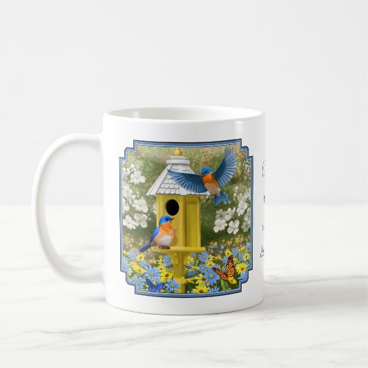 Bluebirds und Tallgelbe Birnenblume Kaffeetasse (Links)