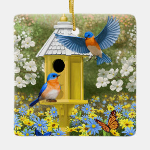 Bluebirds und Tallgelbe Birnenblume Keramikornament