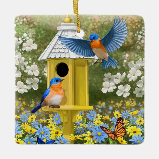Bluebirds und Tallgelbe Birnenblume Keramikornament (Vorderseite)