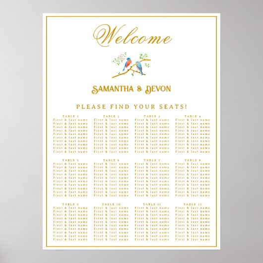 Bluebirds Wedding Seating Chart Poster (Vorne)