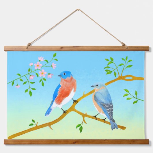 Bluebirts blass blau und grün wandteppich mit holzrahmen (Vorne)