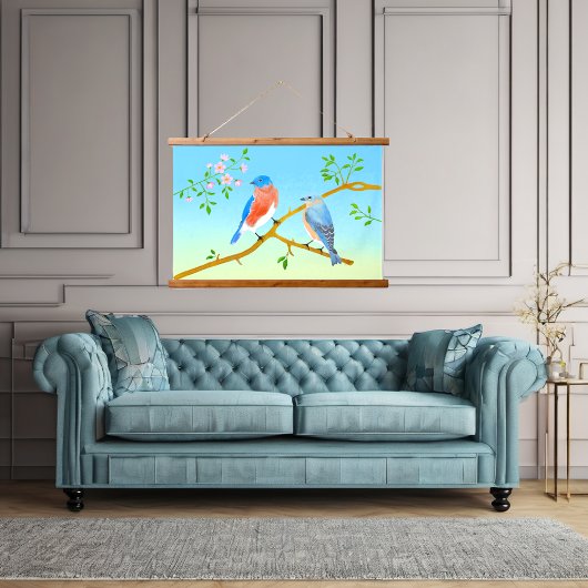 Bluebirts blass blau und grün wandteppich mit holzrahmen