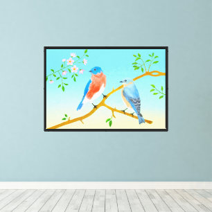 Bluebirts mit gelbem und blauem Hintergrund und Ra Leinwanddruck