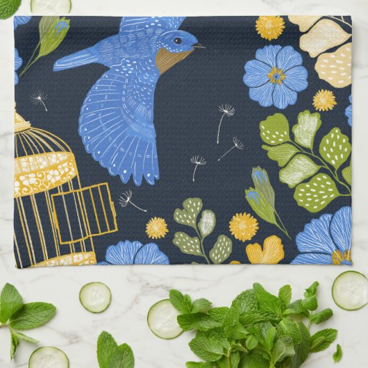 Bluebirts und Blume Geschirrtuch (Gefaltet)