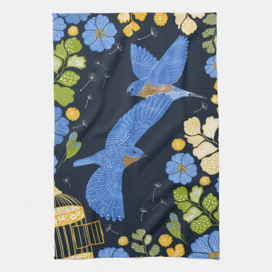 Bluebirts und Blume Geschirrtuch (Vertikal)