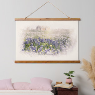 Bluebonnet Field Sketch Wasserfarbe Wandteppich Mit Holzrahmen
