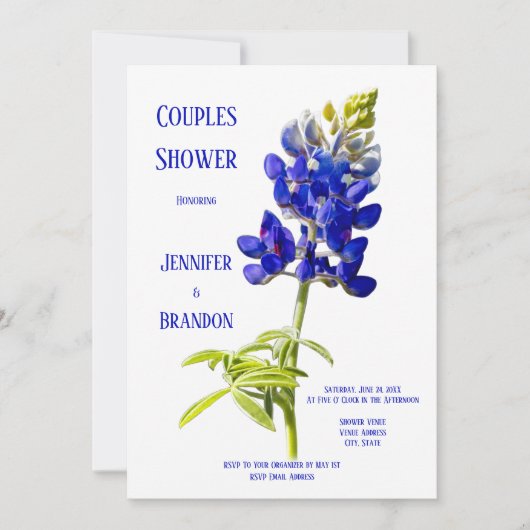 Bluebonnet Floral on White, Wedding Couples Dusche Einladung (Vorderseite)