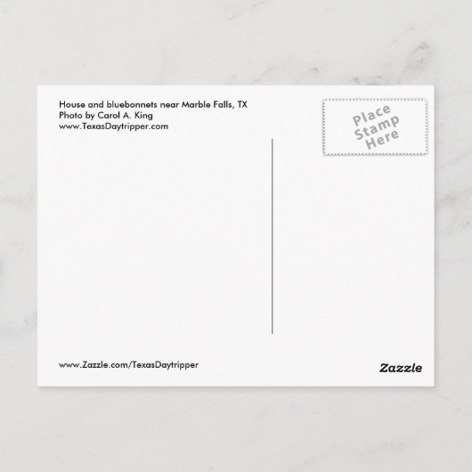 Bluebonnet House, Marmorfälle, TX Postkarte (Rückseite)