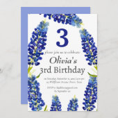 Bluebonnets 3. Geburtstag Blaue Flora Einladung (Vorne/Hinten)
