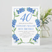 Bluebonnets 40. Geburtstag Blue Floral Texas Einladung (Stehend Vorderseite)