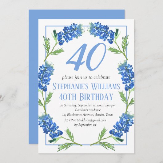 Bluebonnets 40. Geburtstag Blue Floral Texas Einladung (Vorne/Hinten)