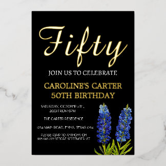 Bluebonnets 50. Geburtstag Blue Gold Chic Glam Folieneinladung