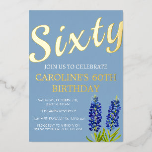 Bluebonnets 60. Geburtstag Blau Gold Chic Glamour Folieneinladung