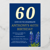 Bluebonnets 60. Geburtstag Blaue goldene Blüte Folieneinladung (Vorderseite)