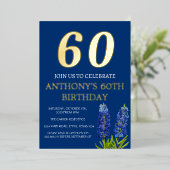 Bluebonnets 60. Geburtstag Blaue goldene Blüte Folieneinladung (Stehend vorne)