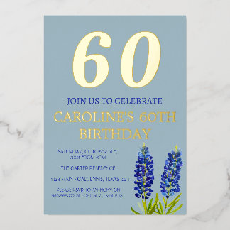 Bluebonnets 60. Geburtstag Blue Floral Texas Gold Folieneinladung