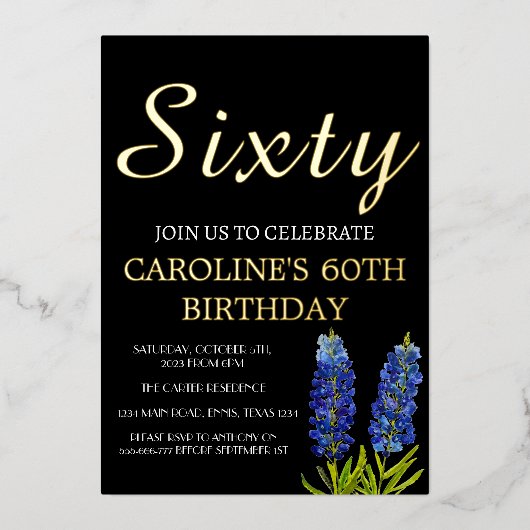 Bluebonnets 60. Geburtstag Blue Gold Chic Glam Folieneinladung (Vorderseite)