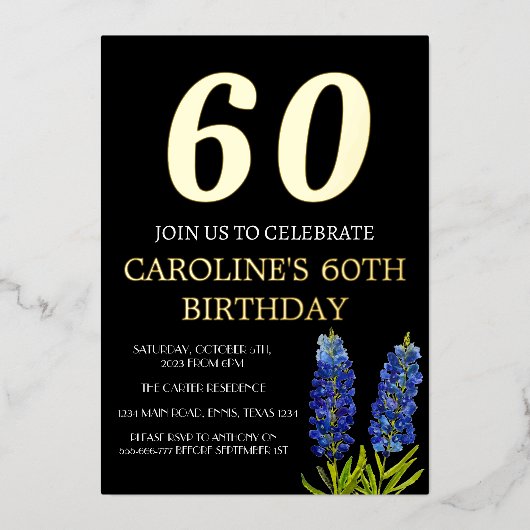 Bluebonnets 60. Geburtstag Blue Gold Chic Glam Folieneinladung (Vorderseite)