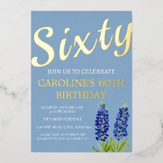 Bluebonnets 60. Geburtstag Blue Gold Chic Glam Folieneinladung