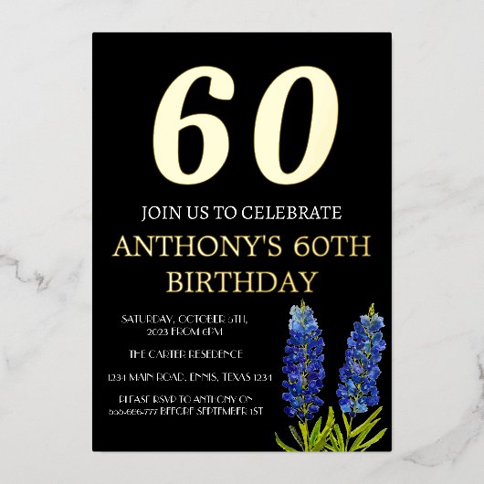 Bluebonnets 60. Geburtstag Blue Gold Foil Glam Folieneinladung (Vorderseite)