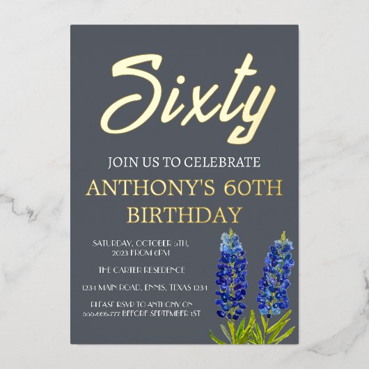 Bluebonnets 60. Geburtstag Navy Blue Gold Texas Folieneinladung (Vorderseite)