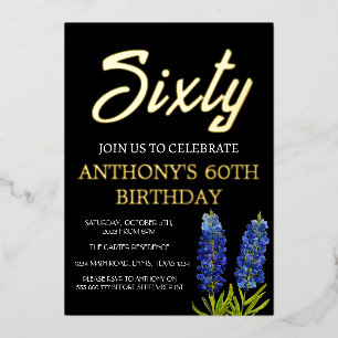 Bluebonnets 60. Geburtstag Schwarz Goldfolie Texas Folieneinladung