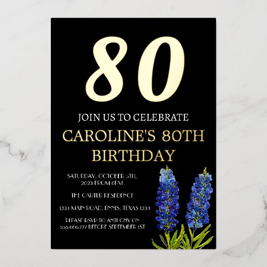 Bluebonnets 80. Geburtstag Blue Gold Chic Glam Folieneinladung (Vorderseite)