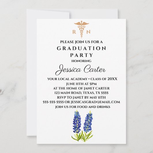 Bluebonnets Abschluss Nurse Typografy Einladung (Vorderseite)