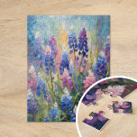 Bluebonnets Abstrakte Blumenart Puzzle<br><div class="desc">Ein modernes impressionistisches Gemälde von Bluebonnets, der ikonischen Texas-Wildblume, in atemberaubenden Blau- und lila Farbtönen mit abstrakten Pinselstrichen dargestellt. Die ausdrucksstarken Striche und lebhaften Farben erfassen die natürliche Schönheit und Gnade dieser Blüten und schaffen eine lebendige und strukturierte Interpretation der Texas Landschaft. Dieses zeitgenössische Werk ist kühl und ruhig, ideal,...</div>