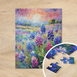 Bluebonnets Abstrakte Blumenart Puzzle<br><div class="desc">Ein modernes impressionistisches Gemälde von Bluebonnets, der ikonischen Texas-Wildblume, in atemberaubenden Blau- und lila Farbtönen mit abstrakten Pinselstrichen dargestellt. Die ausdrucksstarken Striche und lebhaften Farben erfassen die natürliche Schönheit und Gnade dieser Blüten und schaffen eine lebendige und strukturierte Interpretation der Texas Landschaft. Dieses zeitgenössische Werk ist kühl und ruhig, ideal,...</div>